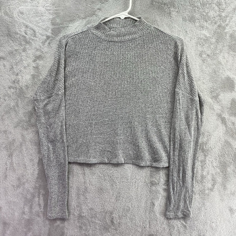 Garage Women XS Gray Ribbed Crop Sweater Mock Neck Long Sleeve Knit